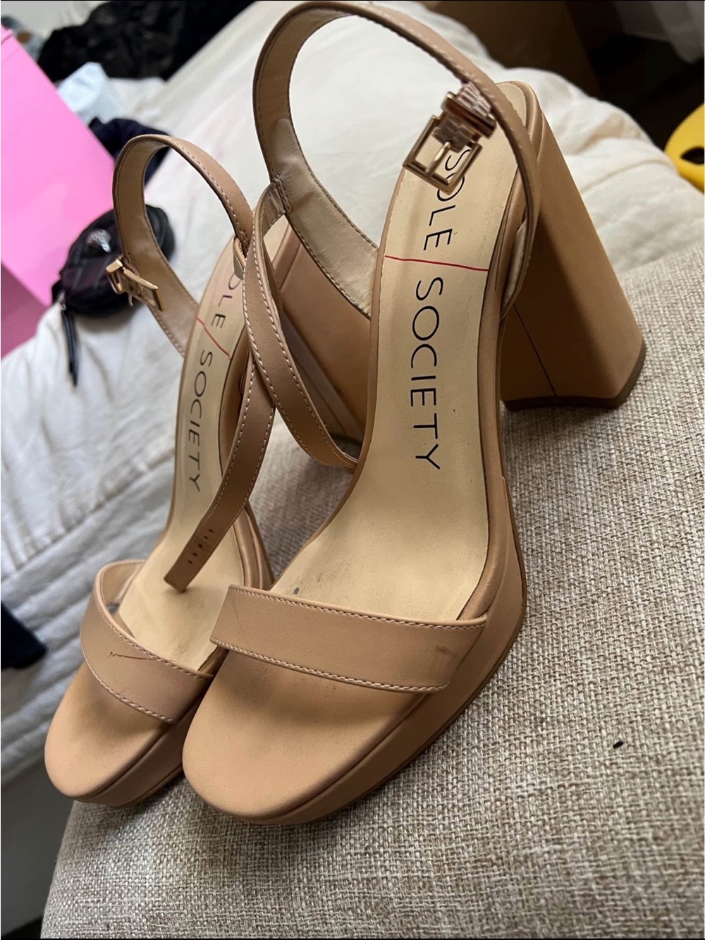 Sole Society Tan Block Heel Sandals with Ankle Strap